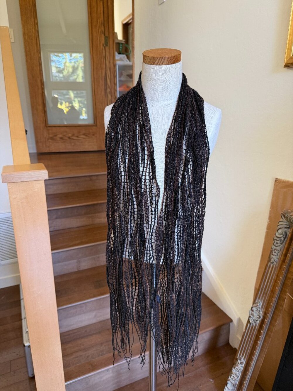 Franco Ferrari Black Brown Open Knit Metallic Scarf
